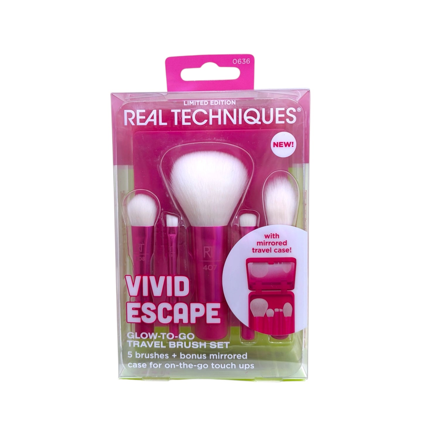 Set de brochas Real Techniques Vivid Escape con 5 piezas y estuche con espejo para maquillaje de viaje
