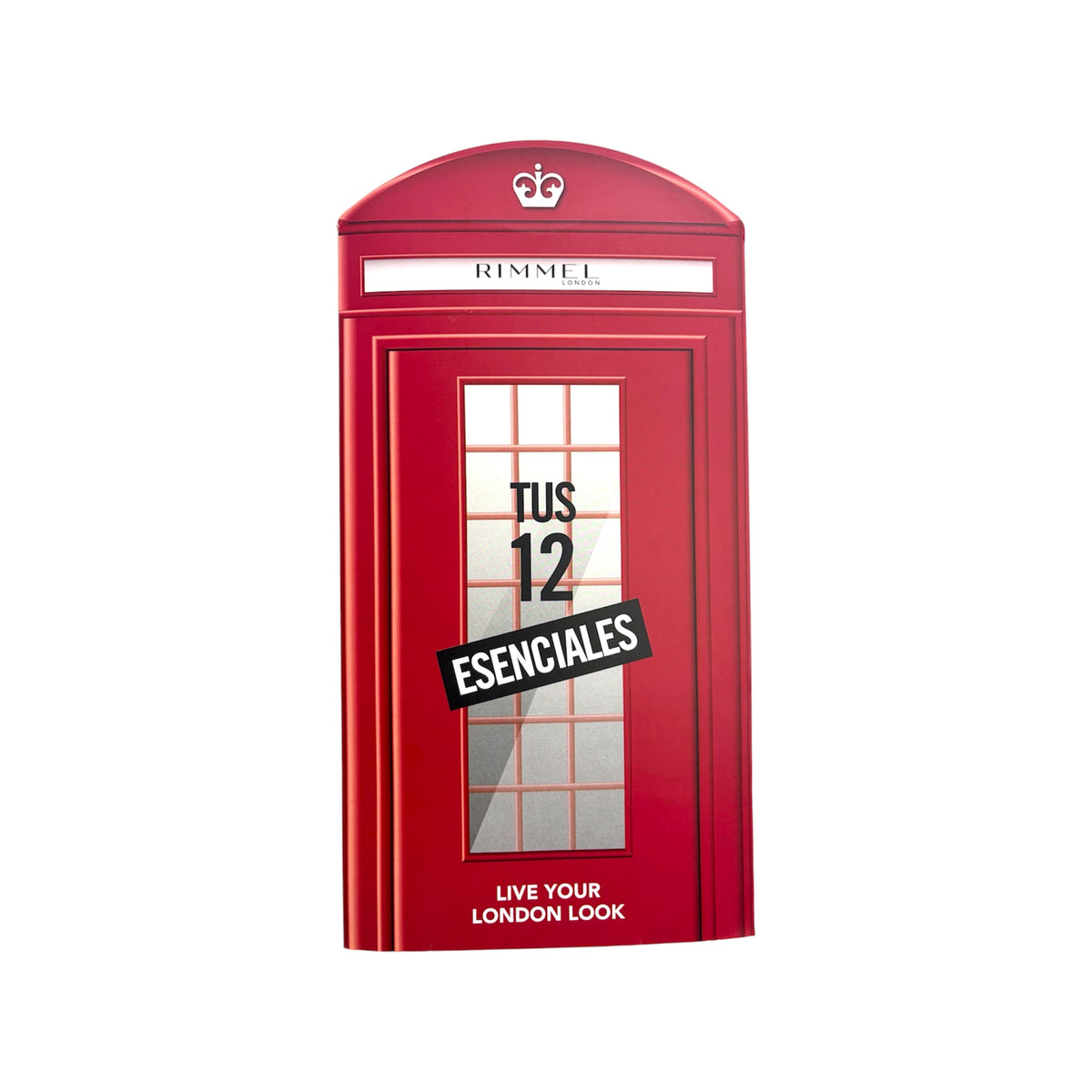 Calendario de Adviento Rimmel London 12 Esenciales de maquillaje con diseño de cabina telefónica roja de Londres.