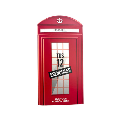 Calendario de Adviento Rimmel London 12 Esenciales de maquillaje con diseño de cabina telefónica roja de Londres.