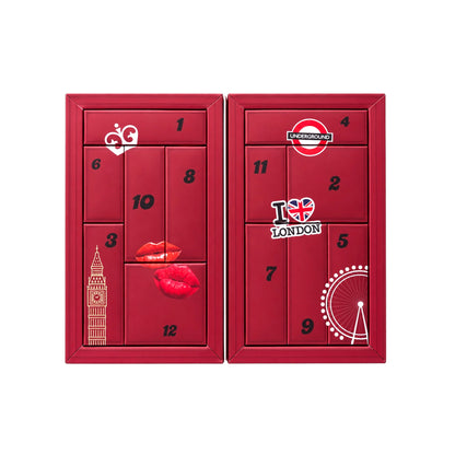 Interior del calendario de Adviento Rimmel London con 12 compartimentos numerados y diseño navideño londinense.