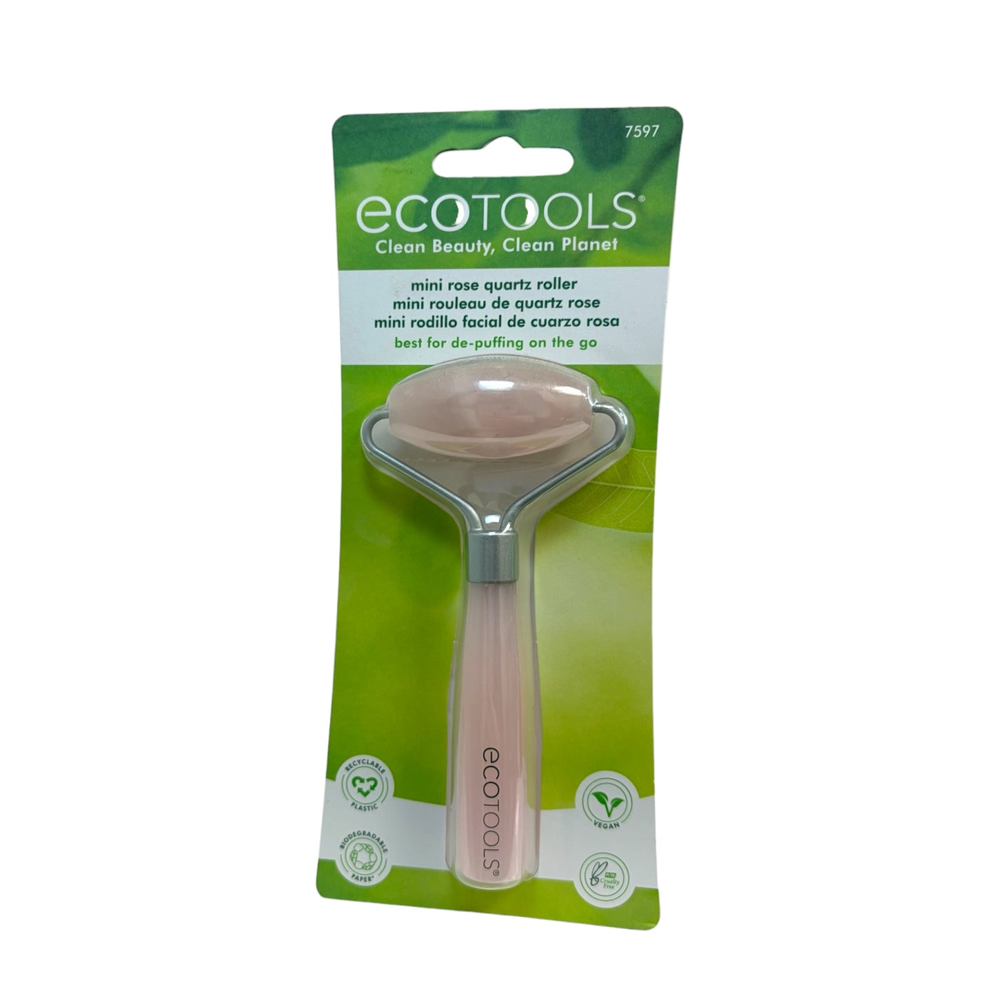 Rodillo facial mini de cuarzo rosa EcoTools para masaje y desinflamar rostro