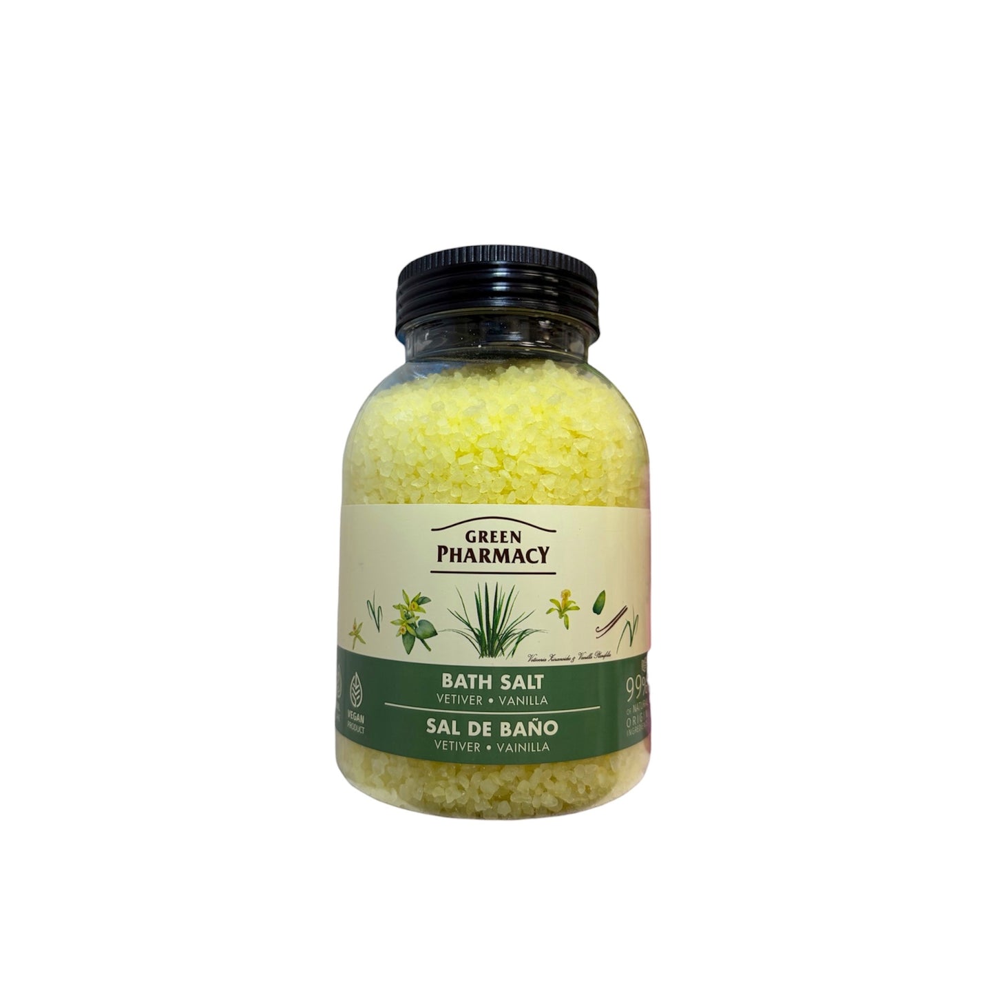 Sal de baño Green Pharmacy con vetiver y vainilla en envase transparente con tapa negra