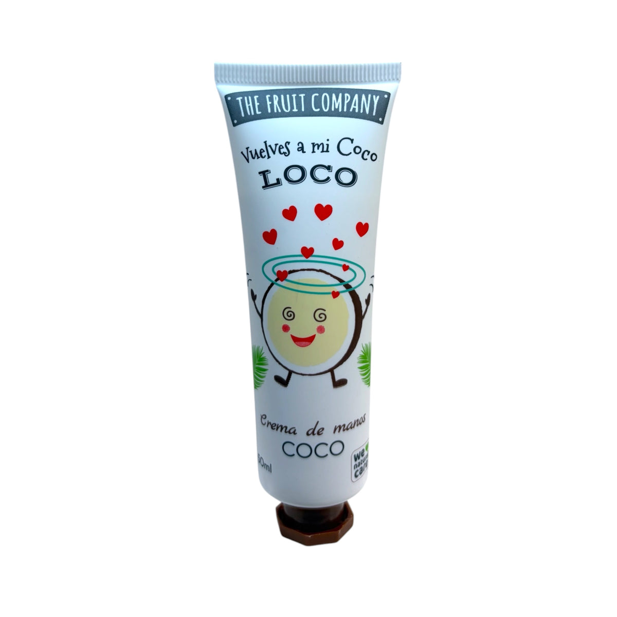 Crema de manos The Fruit Company Coco 50 ml en tubo azul claro con dibujo de coco.