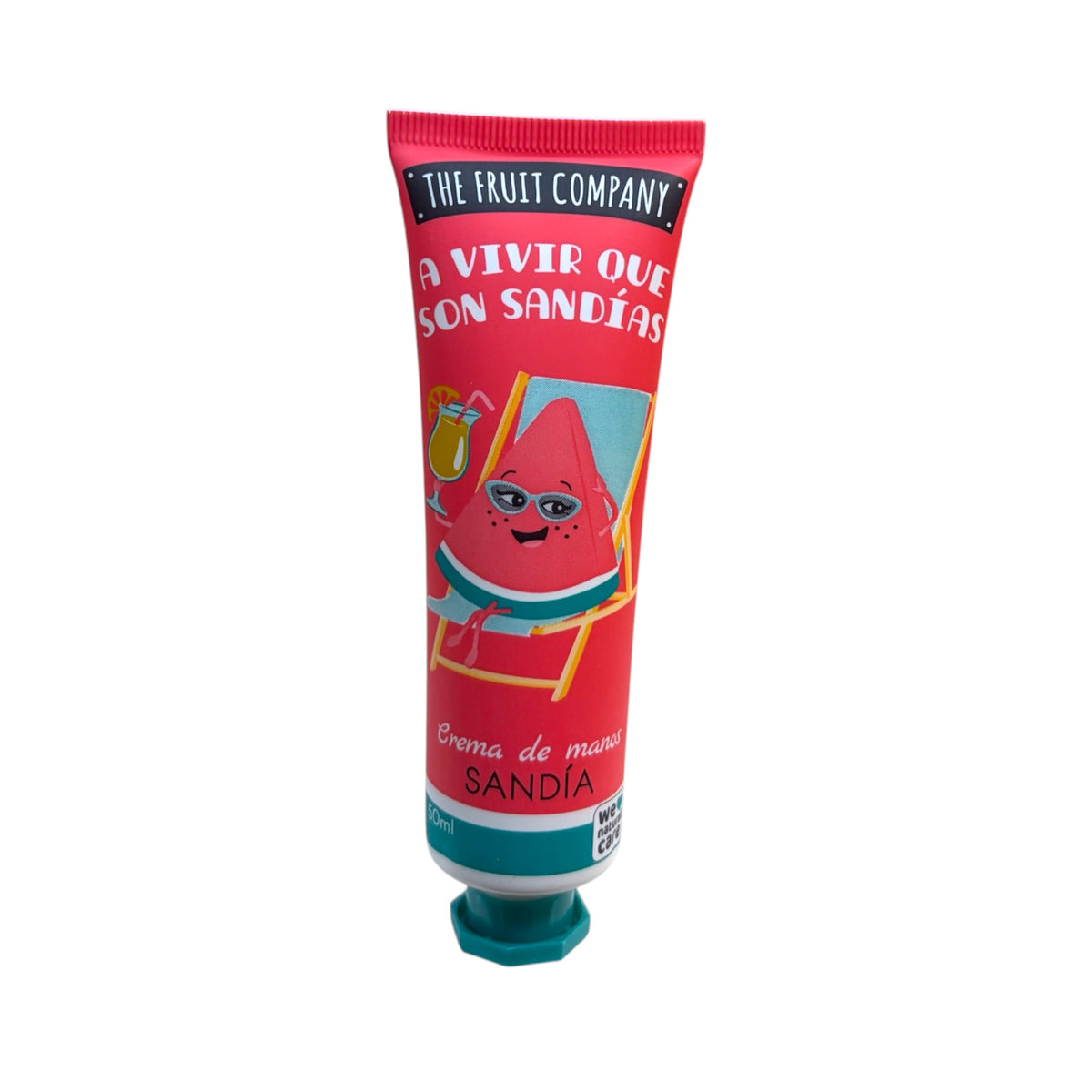 Crema de manos The Fruit Company Sandía 50 ml en tubo rojo con ilustración de sandía.