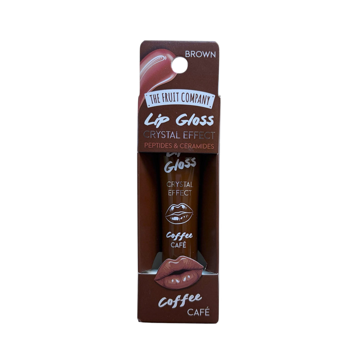 Brillo de labios The Fruit Company Lip Gloss Crystal Effect Brown con aroma a café, péptidos y ceramidas, en envase marrón.