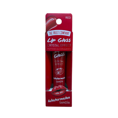 Brillo de labios The Fruit Company Lip Gloss Crystal Effect Red con aroma a sandía, péptidos y ceramidas, en envase rojo.