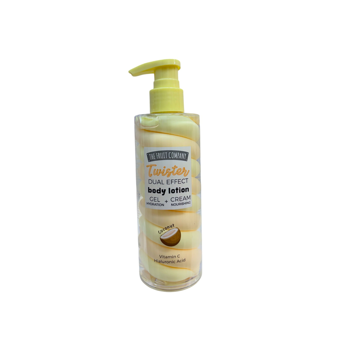 Loción corporal Twister The Fruit Company Coco, gel y crema hidratante con vitamina C y ácido hialurónico, envase con dosificador amarillo.
