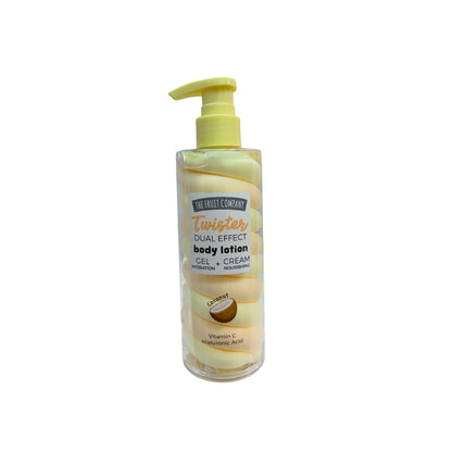 Loción corporal Twister The Fruit Company Coco, gel y crema hidratante con vitamina C y ácido hialurónico, envase con dosificador amarillo.