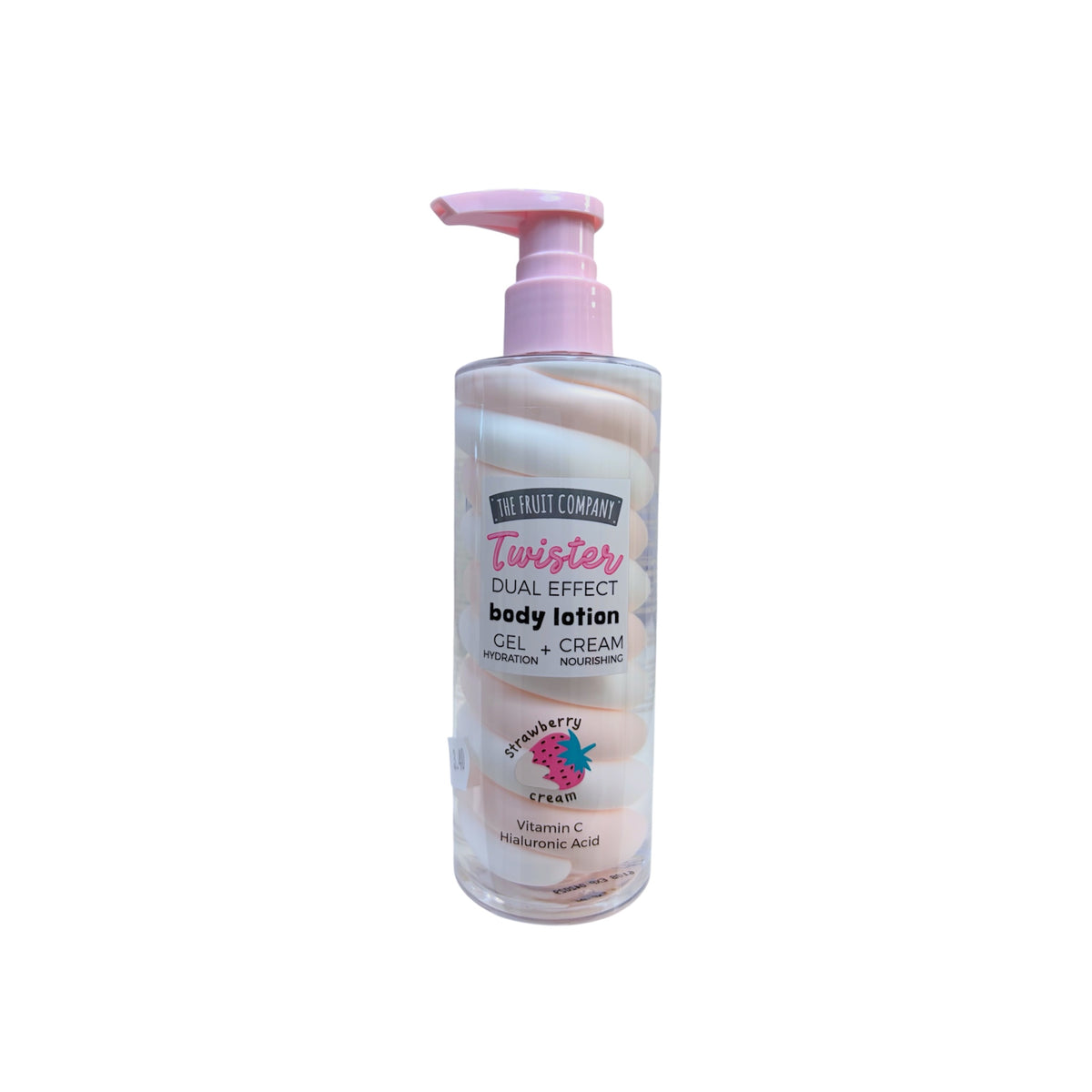 Loción corporal Twister The Fruit Company Fresa con Nata, doble textura gel y crema hidratante, envase transparente con dosificador rosa.