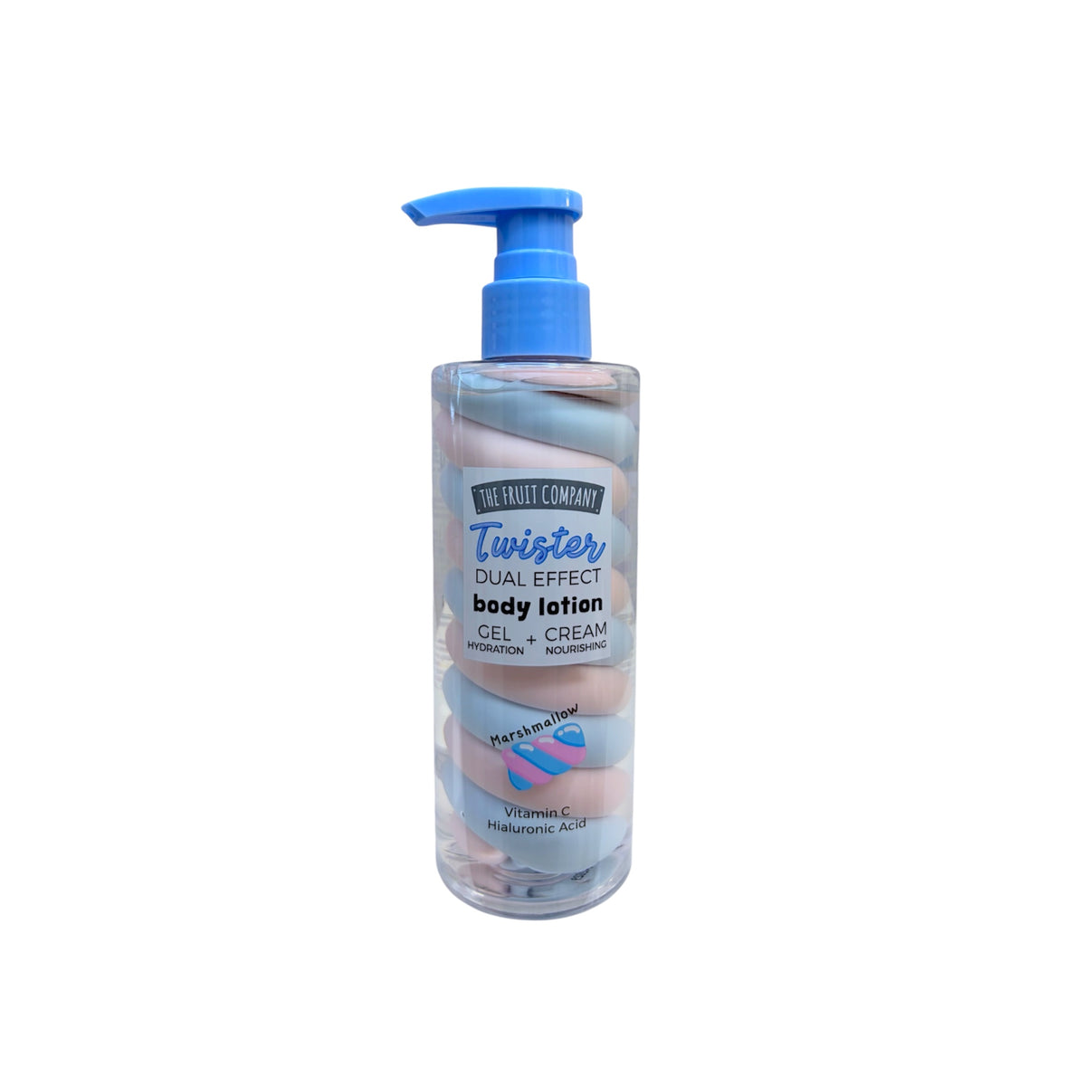 Loción corporal Twister The Fruit Company Nubes de Azúcar, gel y crema hidratante con vitamina C y ácido hialurónico, envase con dosificador azul.