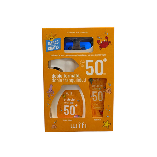Pack WiFi Protector Solar Kids SPF 50+ con spray, tubo de viaje y gafas de sol infantiles
