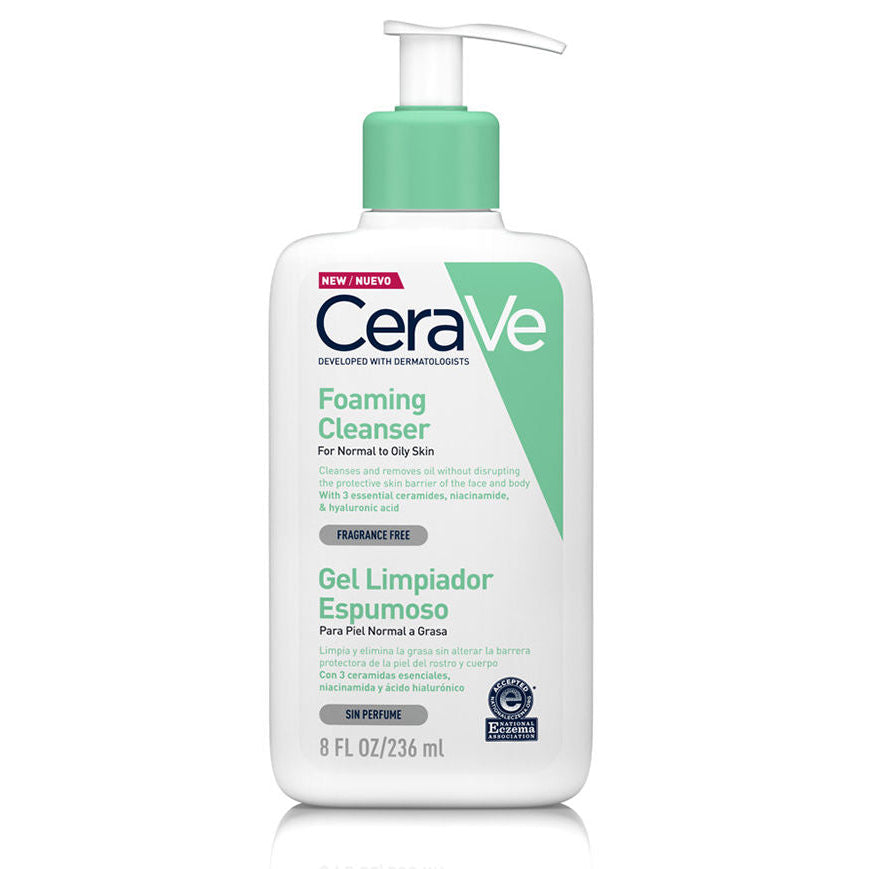 CeraVe gel limpiador espumoso facial y corporal para piel normal a grasa con ceramidas, niacinamida y ácido hialurónico.