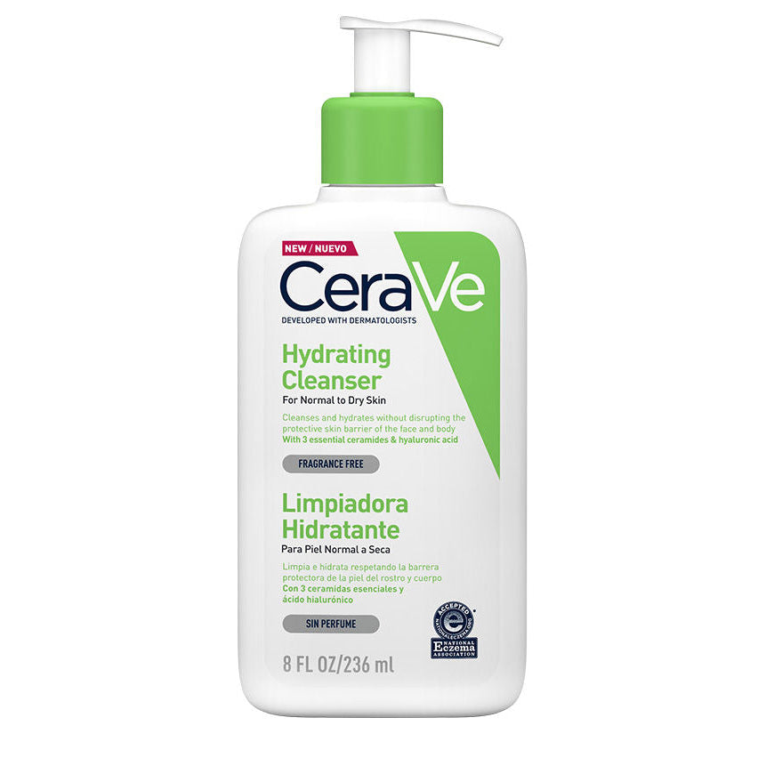 CeraVe limpiadora hidratante facial y corporal con ceramidas y ácido hialurónico para piel normal a seca sin perfume.