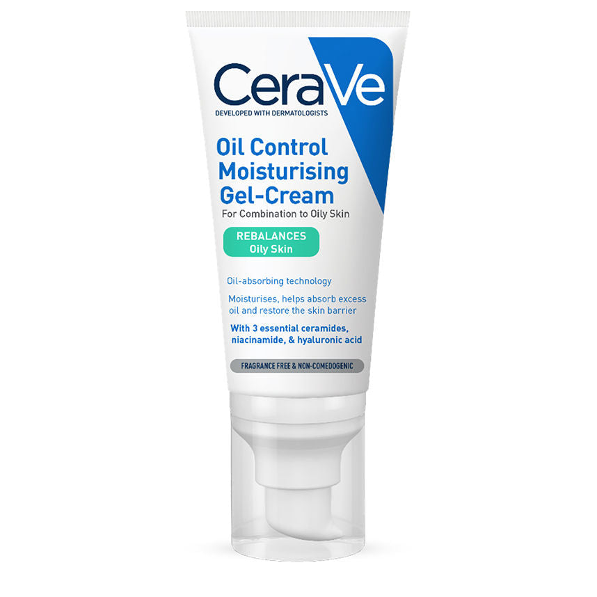 Envase de CeraVe Oil Control Moisturising Gel-Cream, crema hidratante en gel para piel mixta a grasa con ceramidas, niacinamida y ácido hialurónico, sin fragancia y no comedogénica.